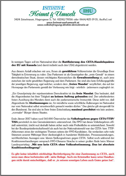 Brief der IHU an alle 51 Nationalratsabgeordneten der FPÖ 